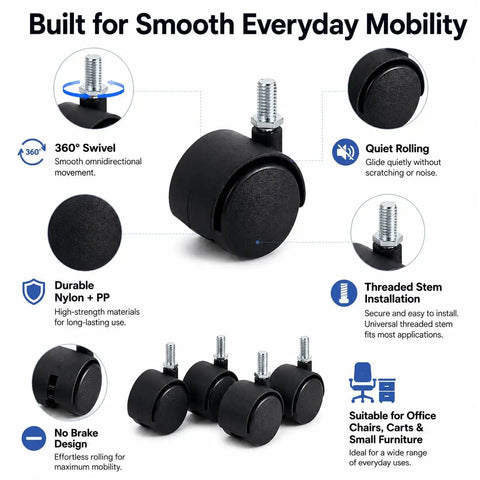 Four Pack Threaded Stem Caster Wheels With 360 Degree Swivel Twin Rollers And No Brakes Nylon Replacement Casters close-up view showcasing durable design.