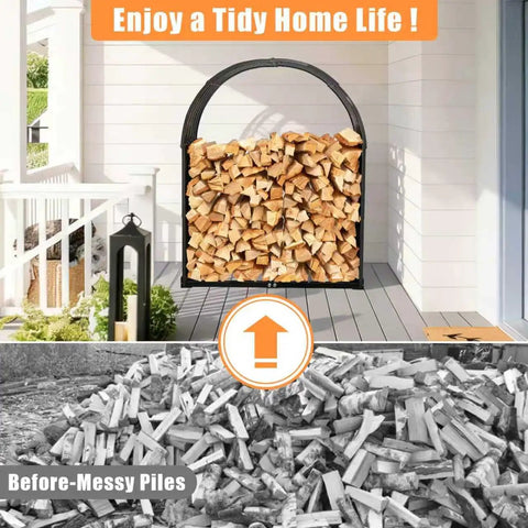 Heavy Duty Firewood Rack With Top Cover For Indoor Outdoor Use, 700 Lbs Capacity, Waterproof Galvanized Steel Log Holder on patio