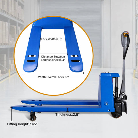 Heavy Duty Electric Pallet Jack With 3,300 Lbs Capacity And 48V Lithium Battery For Smooth Warehouse Haulin' showing fork measurements.