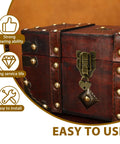 Retro Duckbill Toggle Hasp Latches Kit With Heart Shaped Padlocks and Antique Folding Flush Hinges on wooden box close-up.