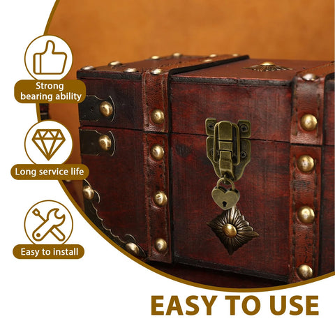 Retro Duckbill Toggle Hasp Latches Kit With Heart Shaped Padlocks and Antique Folding Flush Hinges on wooden box close-up.