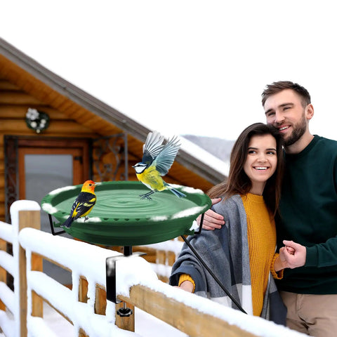 Heavy Duty Heated Bird Bath For Deck Railing With Smart Thermostat Quick Winter Defrosting 100W Outdoor Fountain Design in snow.