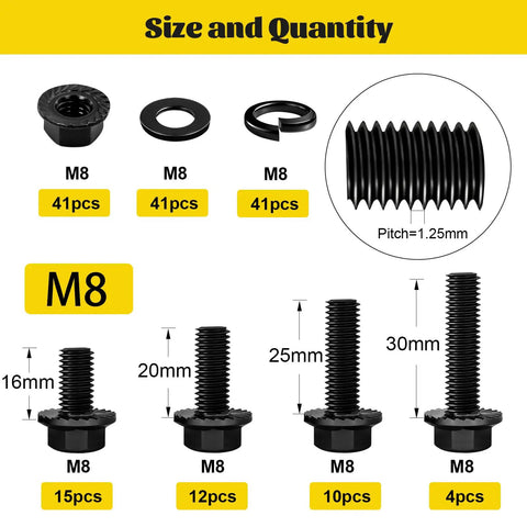M8 Flange Hex Bolt Assortment Kit With Flat And Spring Washers And Hex Nuts, 164 Pc Metric Fastener Set, showing various bolt sizes and quantities.