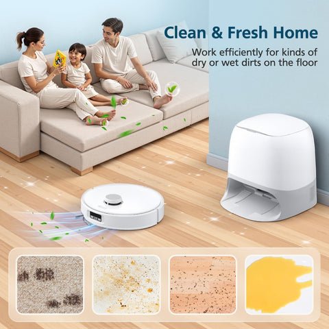 Must Have Replacement Vacuum Parts Kit For Roborock S5V Curv Edge Edge S5A Curv S5X Includes 2 Sets Main Brush 6 Mop Pads 6 Vacuum Bags 4 HEPA Filters 6 Side Brushes And 2 Cleaning Tools Easy To Install showcasing family on sofa with robot vacuum and cleaning results on floor