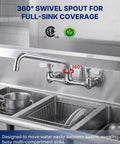 Lead-Free 8 Inch Center Wall Mount 3 Compartment Sink Faucet with 8" Spout featuring a 360° swivel spout for easy water access.