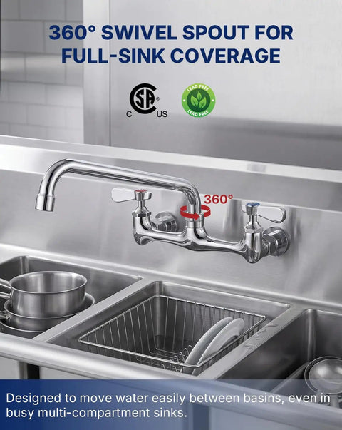 Lead-Free 8 Inch Center Wall Mount 3 Compartment Sink Faucet with 8" Spout featuring a 360° swivel spout for easy water access.