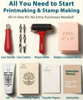 All In One Printmaking And Stamp Making Kit For Beginners With Linoleum Blocks Ink Brayer Transfer Papers Guide And 10 Printmaking Papers Perfect DIY Gift For Adults And Kids components including lino handle, cutters, brayer, linoleum blocks, ink, papers, guide.