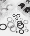 Assorted 304 stainless steel lock washers set in a plastic case with serrated teeth, multiple sizes.