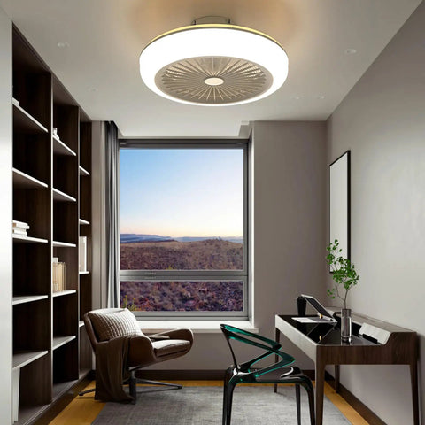 Ceiling Fan RGB 18 Inch Remote Controlled Low Profile Soundless Bladeless installed in a modern living space with a view.