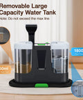 Dual water tank system showing 1800ml clean and 650ml dirty tanks for electric spin scrubber with removable capacity.