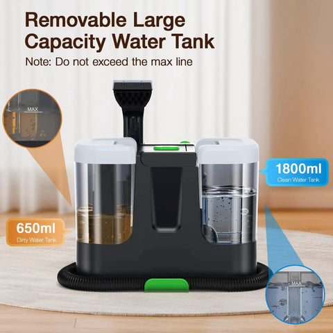 Dual water tank system showing 1800ml clean and 650ml dirty tanks for electric spin scrubber with removable capacity.