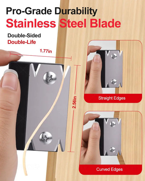 Legendary 3 In 1 Edge Banding Trimmer With Rock Solid Stainless Blades showing double-sided blades for straight and curved edges.