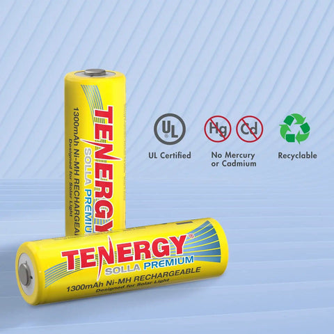 Premium Rechargeable NiMH AA Battery 1300mAh For Solar Garden Lights shown with UL certification and eco-friendly icons