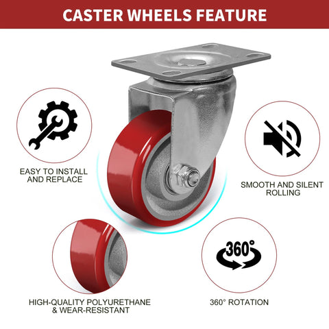 3-inch swivel caster with mounting plate; red polyurethane wheel on steel for furniture and work carts