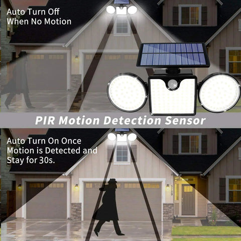 Lit Dual Head Solar Motion Lights Outdoor 260 LED IP65 Waterproof Wall Lights with auto PIR sensor for front door security.