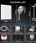 Packing list for 12 Inch High Pressure Rain Shower Head With 11 Inch Extension Arm And 10 Mode Handheld Shower Kit, Chrome Finish.