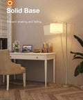 Brass Gold Floor Lamp With Linen Beige Shade, 3CCT 3000K 4500K 6500K Adjustable Color Temperature, 9W LED Included next to desk