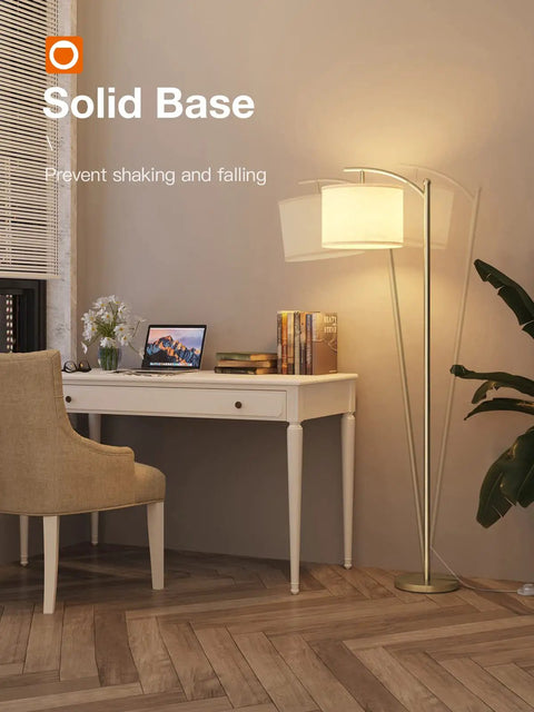 Brass Gold Floor Lamp With Linen Beige Shade, 3CCT 3000K 4500K 6500K Adjustable Color Temperature, 9W LED Included next to desk