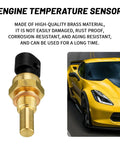 Engine coolant temperature sensor, brass body with black plastic cap, shown beside a yellow sports car