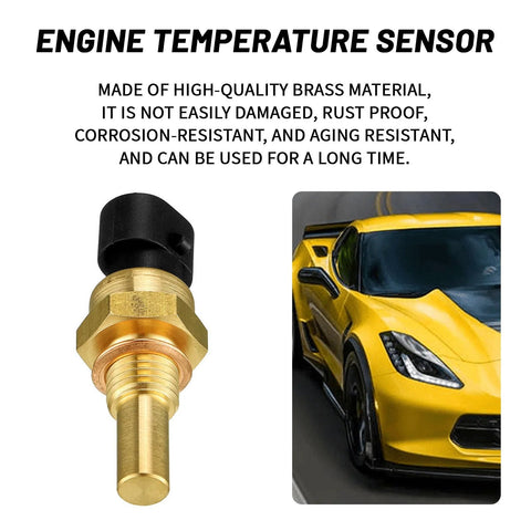 Engine coolant temperature sensor, brass body with black plastic cap, shown beside a yellow sports car