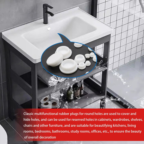 80 Piece Silicone Hole Plug Set For DIY Projects with assorted hole sizes next to sink showing usage in a bathroom setting