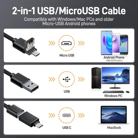 2-in-1 USB/MicroUSB cable compatible with Android, Windows PC, and MacBook