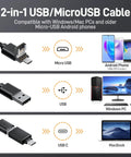 2-in-1 USB/MicroUSB cable with USB, USB-C, and Micro USB connectors for Android phones, Windows PC, and MacBook