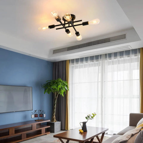 Living room with Industrial 6 Light Dope Semi Flush Mount Ceiling Light Farmhouse Close To Ceiling Fixture In Matte Black.