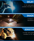Flip Up 180 Degree Panorama Welding Helmet With True Color View Solar Powered Auto Darkening Hood in use, showing delay, shade, sensitivity settings