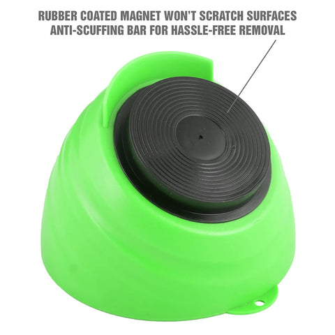 Six Inch Magnetic Nut Cup Bowl with green coating and black rubber base, showing anti-scuffing bar for secure attachment to metal surfaces.