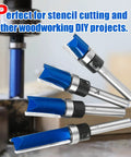 Four Piece Set Of Tough As Nails Tungsten Carbide Flush Trim Router Bits With 1/4 Inch Guided Shank displayed on a wood surface.