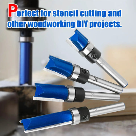 Four Piece Set Of Tough As Nails Tungsten Carbide Flush Trim Router Bits With 1/4 Inch Guided Shank displayed on a wood surface.
