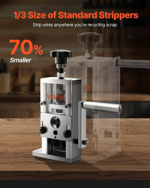 Manual Wire Stripper for Scrap Copper, portable hand crank or drill powered, displayed on wooden surface, with 0.06-1 inch cutter range.