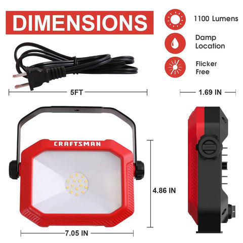 Dimensions of Beast Bright 1100 Lumen 4000K LED Tiltable Portable Work Light with 5ft cord shown front and side view