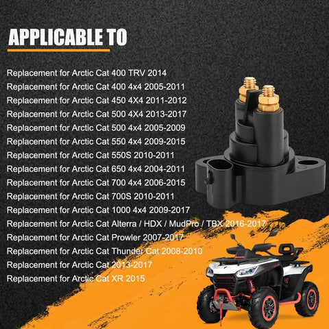 Built Like A Tank 12 Volt Car Start Solenoid Relay Durable Two Terminal Starter Switch on ATV, black with golden terminals.