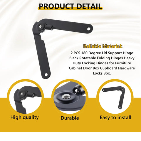 Heavy Duty 180 Degree Lid Support Hinges Set Of 2 Folding Rotatable Locking Hinges for furniture cabinets, black iron
