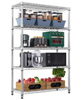 Heavy Duty Badass 5 Tier Chrome Wire Shelving Rack Ultimate Kickass Storage Organizer For Garage Kitchen Office Supporting A Massive 1750 Lbs Total Load Capacity with kitchen appliances and storage bins.