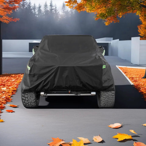Front view of Jeep with Waterproof All Weather Jeep Wrangler Cover For 2 Door Models 1987 To 2026 in autumn setting