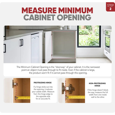 Step 2 for measuring minimum cabinet opening with highlighted cabinet doorway for heavy duty chrome wire pullout organizer.