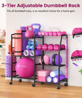 All In One Home Gym Organizer Rack with wheels and hooks, storing diverse weights including dumbbells, kettlebells, and mats.