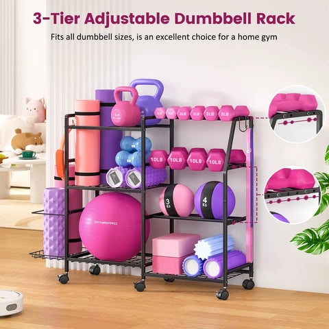 All In One Home Gym Organizer Rack with wheels and hooks, storing diverse weights including dumbbells, kettlebells, and mats.