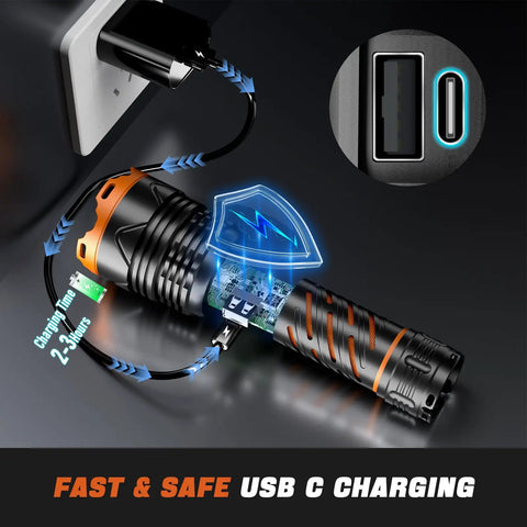 Beast Mode Ultra Bright LED Flashlight 100000 Lumens Rechargeable 50W Beam USB C Quick Charge illustration