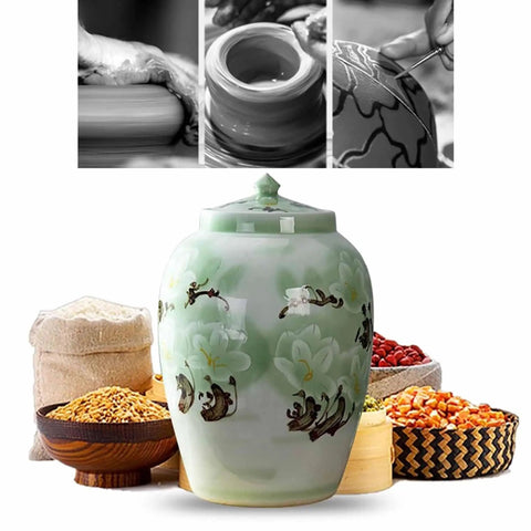 Total Pantry Flex That Keeps Grains Sealed Tight This Large Green Ceramic Rice Jar with flowers, surrounded by various grains.