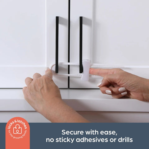 Sliding Cabinet Locks 3 Pack White For Kid Safe Latches being easily installed on kitchen cabinet handles