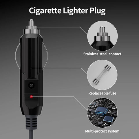 Cigarette lighter plug of Heavy Duty Slick Road Ready DC Power Cable For Starlink Mini, featuring stainless steel contact and replaceable fuse.