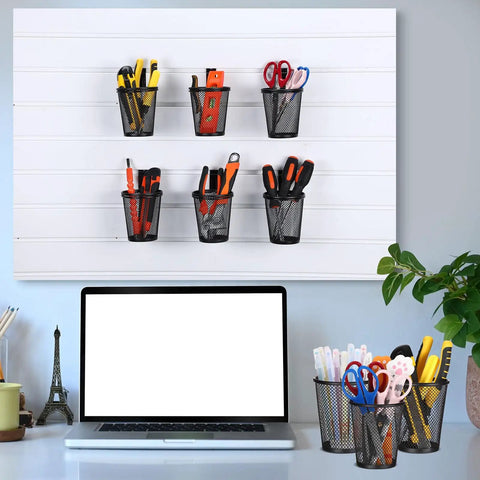 Six Piece Slatwall Cup Set With Hooks For Garage, Workshop, And Office Storage Metal Mesh Tool Holders on wall