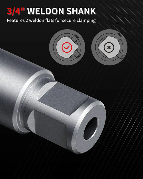3/4 inch Weldon shank featuring two flats for secure clamping, designed for Heavy Duty Magnet Mount Carbide Tipped Annular Cutter.