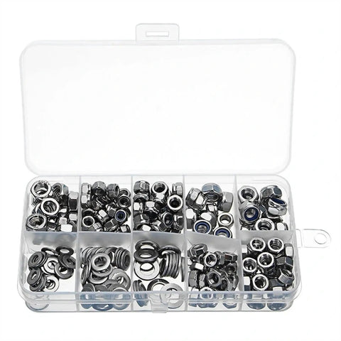All In One Heavy Duty Hardware Fastener Set With 255 Piece Stainless Steel Nylon Insert Hex Lock Nuts And Full Nuts Washers O Rings