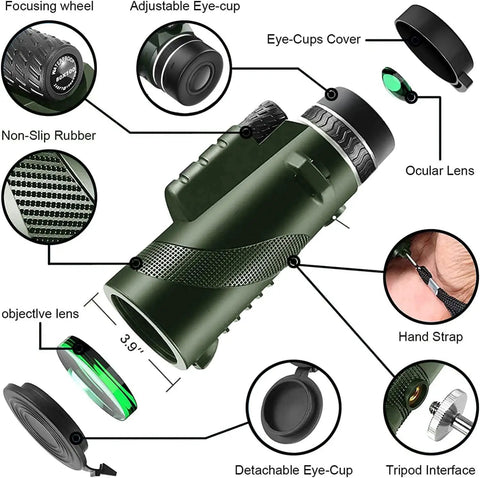 80x100 High Power Monocular With 100mm Objective Lens HD BAK4 Prism Smartphone Adapter And Easy Focus Perfect For Birding Travel Camping Hiking And Outdoors With Sharp Clear Views, green body