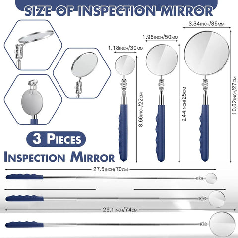 Three Piece Telescoping Inspection Mirrors Set, Pro Grade Stainless Steel Extendable Mechanic Mirrors With Long Handles For Techs